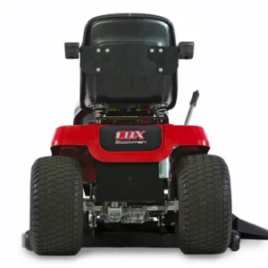 alt="Rear view of ride-on mower showing wide stance and rear design"