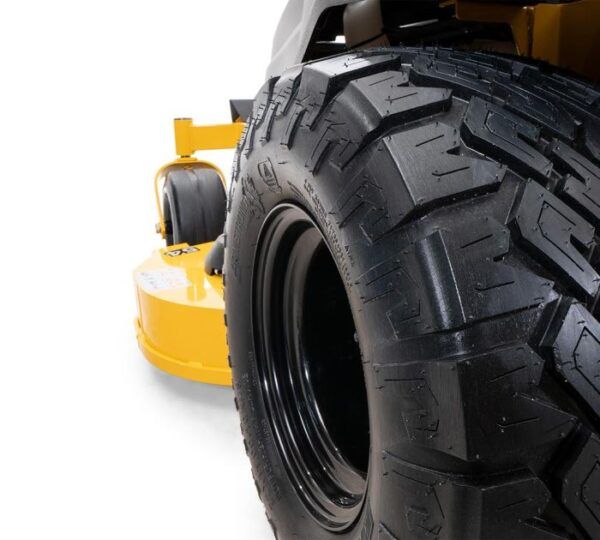Heavy-duty tyre on Hustler Raptor XDX 54 zero turn mower – close-up for traction detail