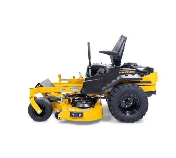 Side profile of Hustler Raptor XDX 54 mower with foot-operated deck and comfort seat