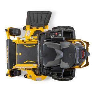 Top view of Hustler Raptor XDX 54 – operator controls, seat and 54 inch deck layout