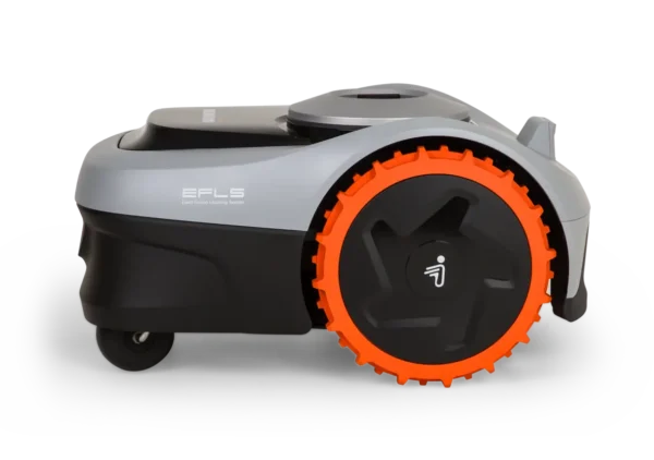 Left side view of robotic mower with orange wheels