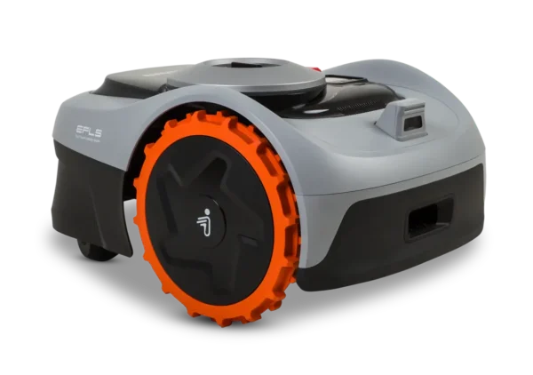 Rear angle view of mower showing obstacle detection camera
