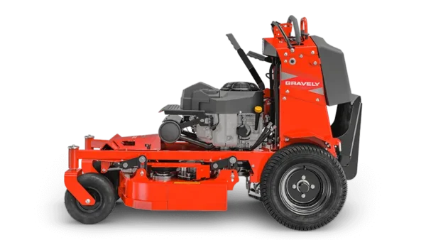 “Side view of Gravely Z-Stance 32 stand-on zero-turn mower Shepparton highlighting Kawasaki engine and X-Factor 2 7-gauge steel deck.”