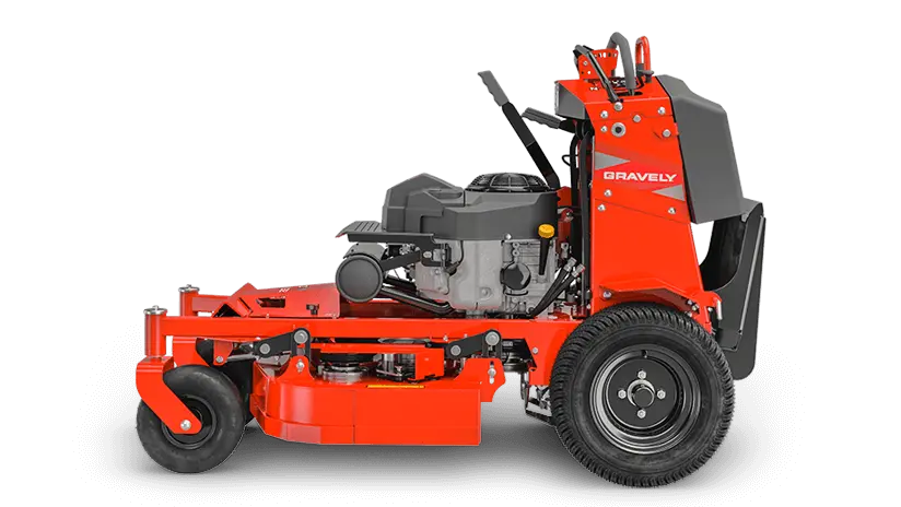 “Side view of Gravely Z-Stance 32 stand-on zero-turn mower Shepparton highlighting Kawasaki engine and X-Factor 2 7-gauge steel deck.”
